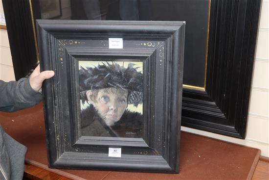 Alexandra Gardner (1945-) oil on canvas board, Self portrait with black feather hat, signed, 24 x 19cm